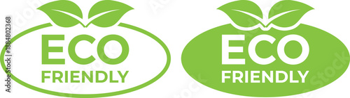 Green "ECO FRIENDLY" vector badges set, one outlined, one solid, for product labeling.