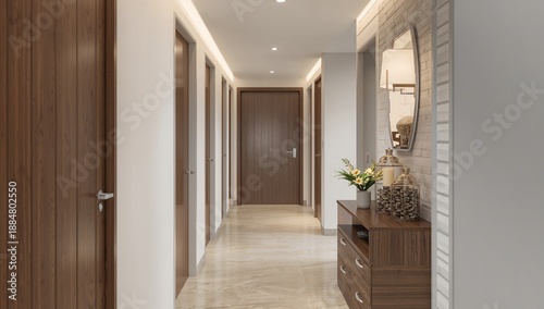 Long Hallway With Wooden Doors in a Modern Building During Daylight