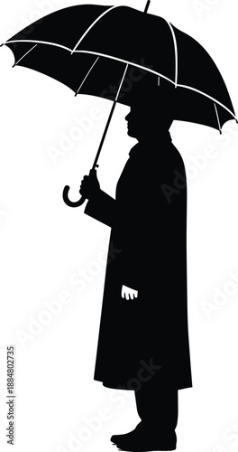 Man silhouette holding umbrella symbolizing rain weather protection solitude and urban lifestyle concept in black and white vector illustration