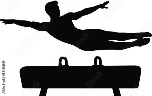 Male gymnast silhouette performing pommel horse routine showcasing strength balance and artistic gymnastics movement in black and white vector illustration