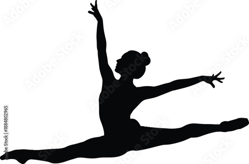 Ballet dancer silhouette performing split leap showcasing grace flexibility and classical dance movement in black and white vector illustration