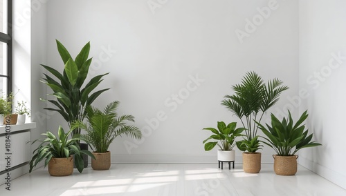Indoor Plants Arranged in Pots Near a Window in a Bright Room With White Walls
