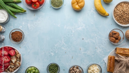 Food Preparation Scene With Ingredients on a Dark Surface in a Kitchen Setting