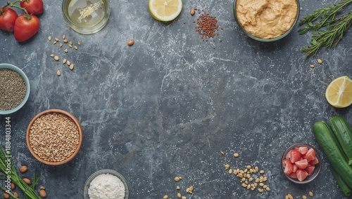 Food Preparation Scene With Ingredients on a Dark Surface in a Kitchen Setting