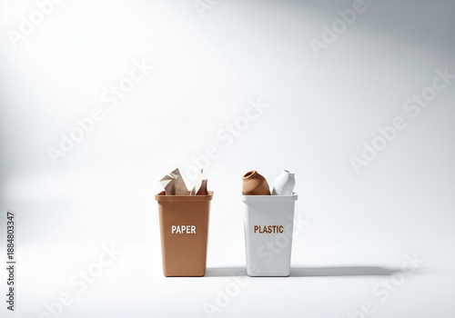 Minimalist Recycling Bins, Paper and Plastic Waste Separation, Eco-Friendly Waste Management, Sustainable Practices, Environmental Illustration