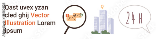Online services, customer support, business communication, email tracking, logistics, 247 service. Magnifying glass over envelopes, building with location pin 24-hour icon. Business communication
