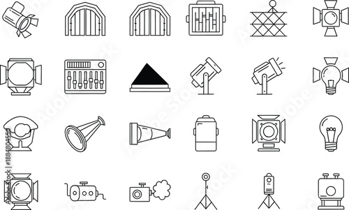 A detailed collection of black and white line icons for stage production equipment