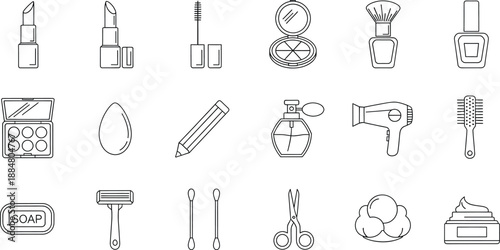 A comprehensive collection of line art icons representing beauty, cosmetics, and personal hygiene products