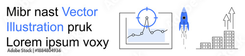 Business development, startup launch, analytics, data visualization, growth strategy, market analysis. Rocket icon, data graph upward arrows. Business development and startup launch concept
