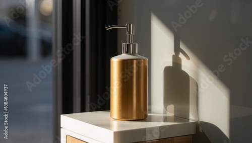 Clear Liquid Soap Dispenser on Wooden Table With Soft Light and Shadow in Room