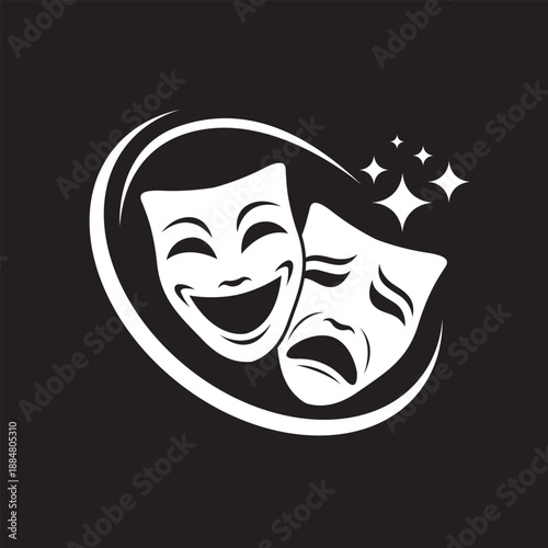 icon of comedy and tragedy theatrical masks isolated on black background
