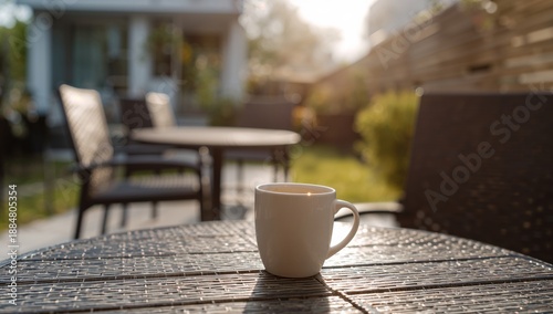 Morning Coffee on a Table in a Garden Setting With Sunlight Shining in the Ba...