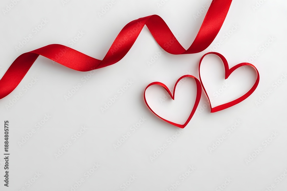 Fototapeta premium Red hearts and a ribbon are placed on a clean white background for St. Valentines Day