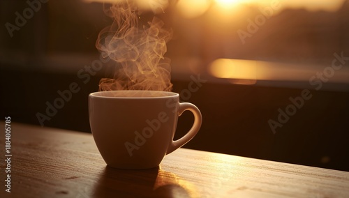 Warm Cup of Drink on Table With Steam Rising During Sunset Hours in the Backg...