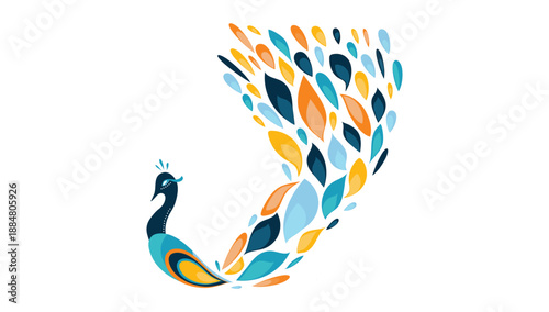 Stylized peacock design featuring an abstract plume composed of vibrant, multi-colored teardrop shapes flowing dynamically upwards and outwards against a clean white background creating an artistic vi