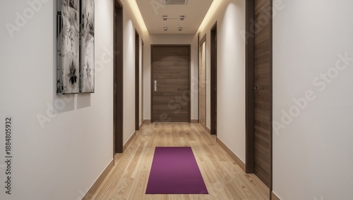 Purple Yoga Mat Placed in a Simple Hallway With Wooden Floors and Doors on Ea...