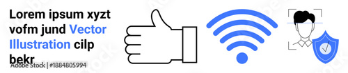 Technology, cybersecurity, facial recognition, wireless communication, authentication, data protection. A thumbs-up icon, wireless symbol face scan and shield with check mark. Cybersecurity
