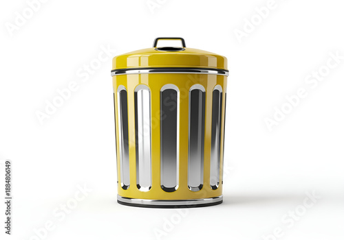 Modern Yellow Trash Can with Sleek Metallic Design, Waste Management Illustration, Eco-Friendly Garbage Disposal, White Background Graphic