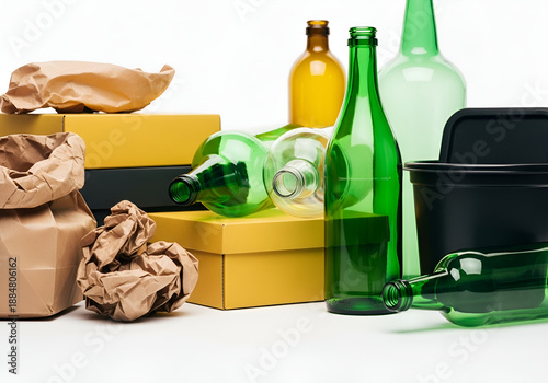 Studio Composition of Recyclable Glass Bottles, Paper, and Cardboard, Waste Management Illustration, Eco-Friendly Recycling Graphic