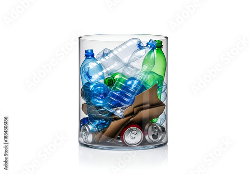 Glass Container Filled with Plastic Bottles, Cardboard, and Cans, Recycling Illustration, Eco-Friendly Waste Management Graphic