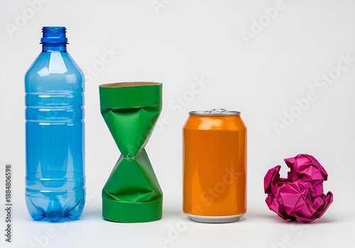 Studio Shot of Common Recyclable Items, Glass, Plastic, and Paper Illustration, Waste Management Concept, Eco-Friendly Disposal Graphic