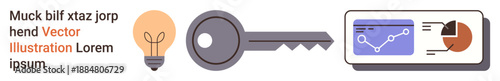 Innovation, data security, business insights, key ideas, digital transformation, analytics. Light bulb, key and chart screen graphic. Innovation and data security concept