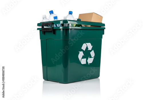 Green Recycling Bin Filled with Plastic Bottles, Waste Management Illustration, Eco-Friendly Disposal Symbol, White Background Graphic