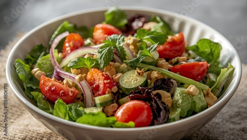 Fresh Salad With Mixed Greens, Tomatoes, and Nuts Served in a Bowl on a Table...