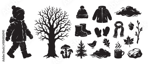 Collection of black and white winter and autumn icons in a hand-drawn stamp style, including a child, warm clothes, a bare tree, forest elements, and a hot drink