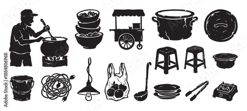Collection of black street food icons showing a cook, cart, pot, and utensils in a hand-drawn graphic style for culinary, market, and restaurant design elements