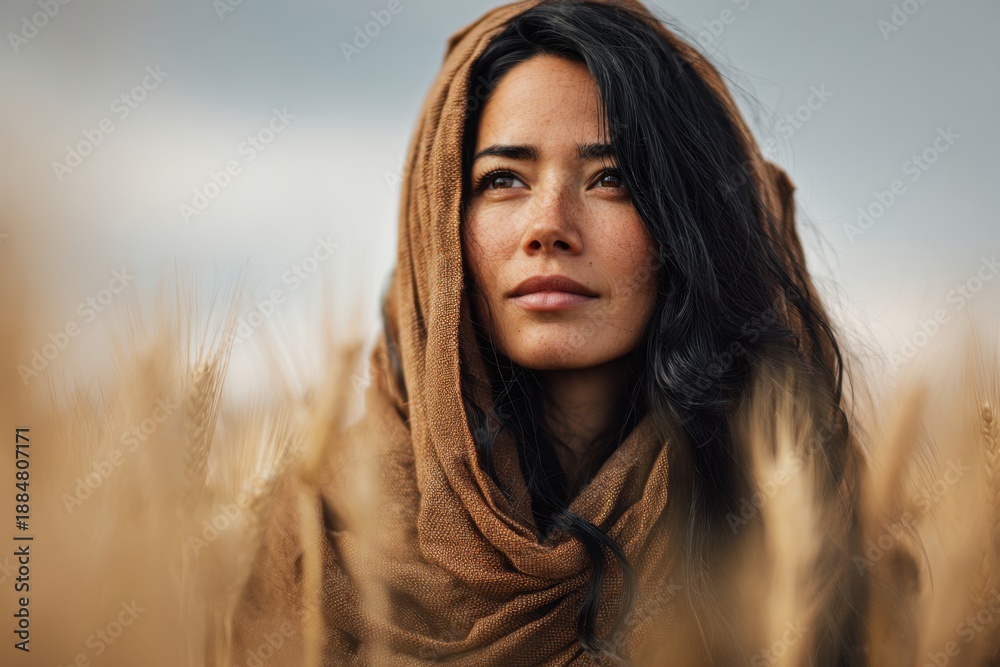 Fototapeta premium Ruth gathers ears of corn in the field of Boaz, a biblical story.
