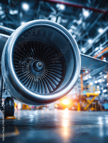 Industrial aircraft engine in a manufacturing facility with bright lighting and high-tech environment