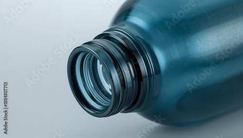 Close up of the Opening of a Blue Plastic Bottle on a Plain Surface in Bright...