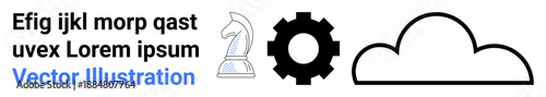 Technology, strategy, decision-making, innovation, cloud computing, collaboration. Knight chess piece, gear cloud symbols in black and grayscale. Technology and strategy concept illustrated here