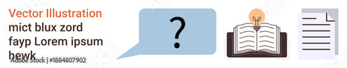 Education, knowledge sharing, brainstorming, research, inquiry, communication. Speech bubble with question mark, open book with lightbulb document icon. Education and communication concepts