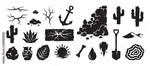 Collection of black hand-drawn silhouette icons featuring desert, adventure, and archaeological elements like a cactus, anchor, shovel, and cracked ground in a rustic linocut style