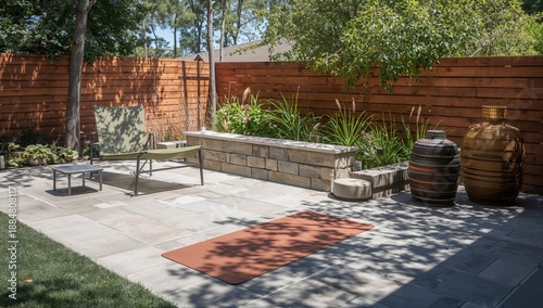 Outdoor Space With Seating and Yoga Mat in a Garden During Daylight Hours