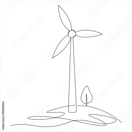 Continuous line drawing of wind turbine and tree renewable energy