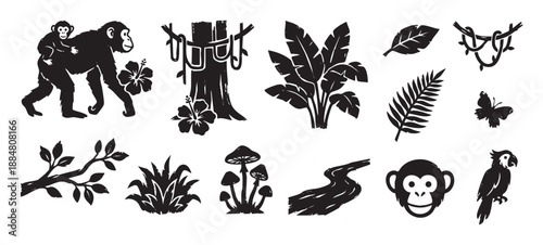Black and white jungle animal and plant illustrations featuring a monkey, parrot, butterfly, and tropical flora in a graphic, hand-drawn, woodcut style icon set