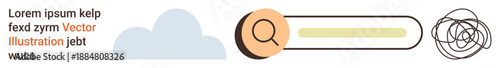 Data search, information processing, clarity vs confusion, internet tools, cloud computation, online navigation. Cloud, magnifying glass search bar and abstract scribble. Data search