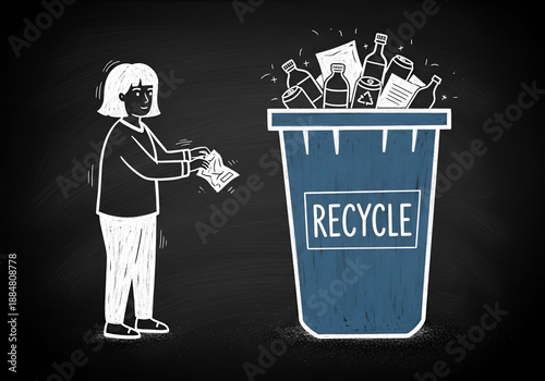 Woman Recycling Paper and Bottles, Overflowing Blue Bin, Sustainable Waste Disposal, Eco-Friendly Recycling Concept, Educational Environmental Action