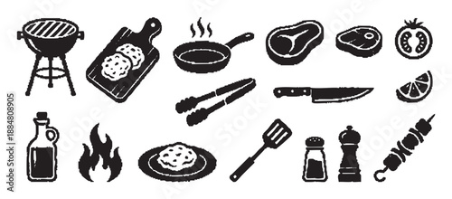 Collection of black barbecue and grilling icons in a textured stamp style showing a grill, steak, spatula, and other cooking utensils for a picnic or outdoor party