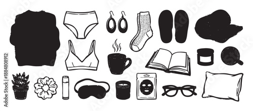 Hand-drawn black and white icon set of cozy home items for self-care and relaxation, including a book, candle, mug, and sleep mask in a cute doodle sketch style