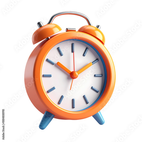 Orange 3D Alarm Clock with White Face and Blue Legs on Transparent Background time wake up