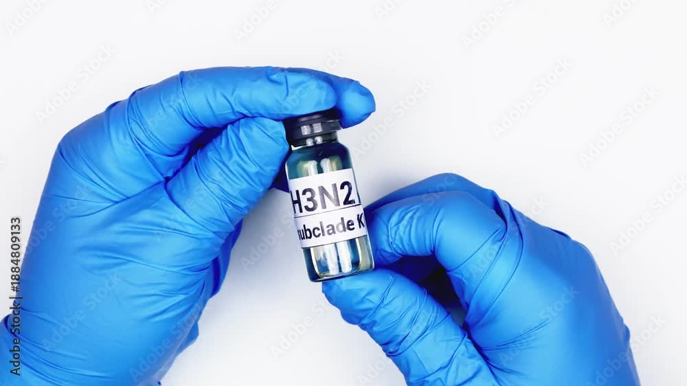 Doctor holds vial of influenza H3N2 subclade k strain. Laboratory ...