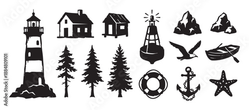 Collection of black nautical and nature icons including a lighthouse, anchor, boat, and pine trees, rendered in a rustic, hand-drawn woodcut stamp style for graphic design