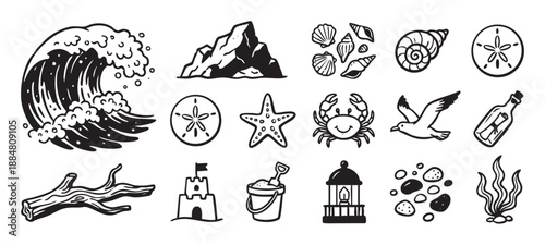 Set of hand-drawn beach icons including a large ocean wave, crab, sandcastle, seashell, starfish, and seagull in a simple black and white line art doodle style collection