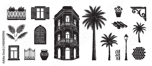 Collection of black silhouette illustrations depicting southern city elements like a building with balconies, palm trees, windows with shutters, a gate, and a street lamp