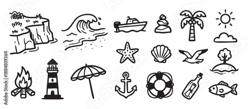 Collection of hand-drawn beach and sea icons in a simple doodle style, including a lighthouse, wave, boat, palm tree, anchor, fish, and other summer vacation elements
