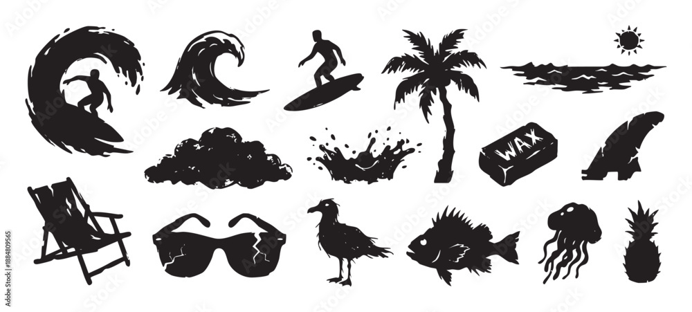 Fototapeta premium Collection of black surfing and beach-themed silhouettes including a surfer, wave, palm tree, and other summer vacation icons in a rough, hand-drawn vector style